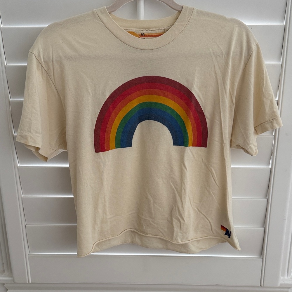 Aviator Nation Cropped Boyfriend Tee - Cream Rainbow T-Shirt size med